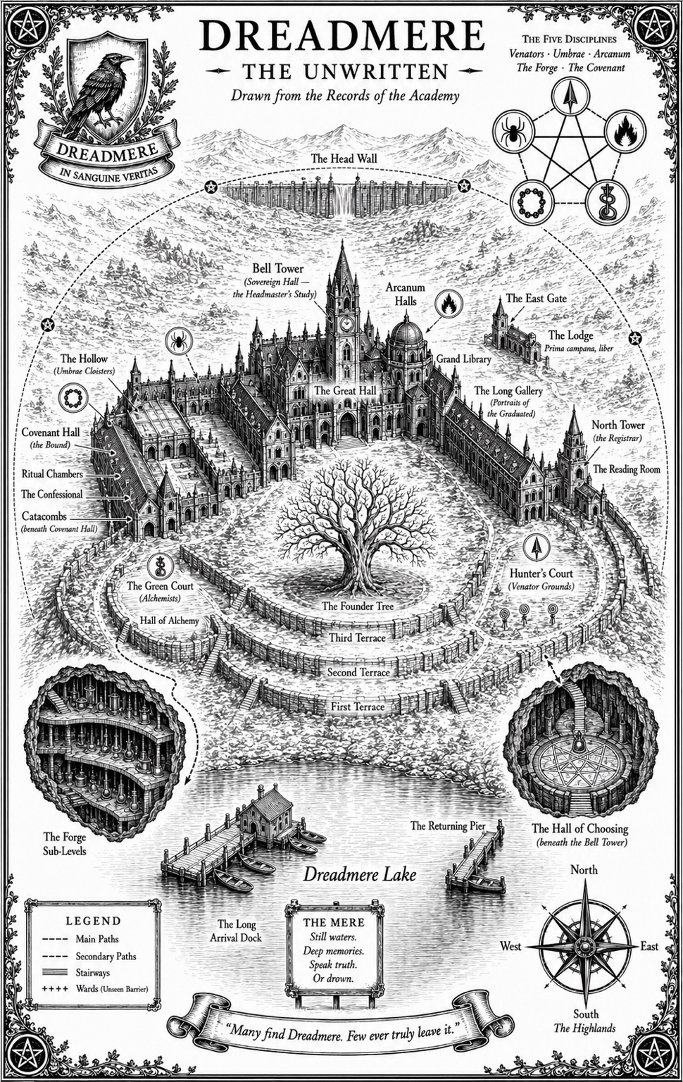 Dreadmere Academy canonical illustrated map showing the lake, three terraces, academy wings and underground chambers